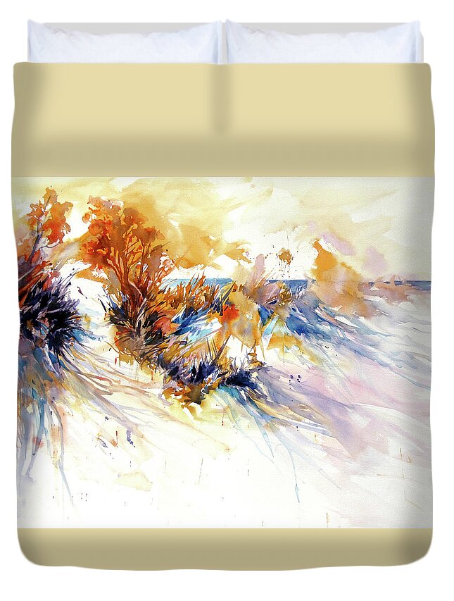 Watercolor Duvet Cover featuring the painting Beach Grass Shadows by Rae Andrews