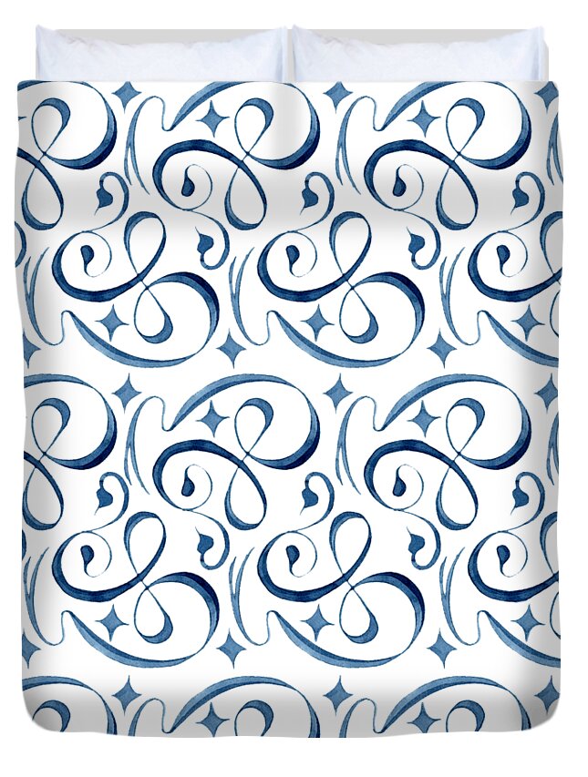 Indigo Blue Duvet Cover featuring the painting Beach House Indigo Star Swirl Scroll Pattern by Audrey Jeanne Roberts