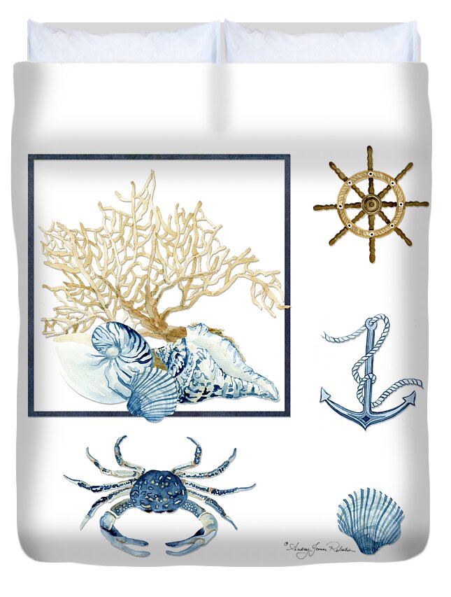 Sea Duvet Cover featuring the painting Beach House Nautical Seashells Ships Wheel Anchor n Crab by Audrey Jeanne Roberts