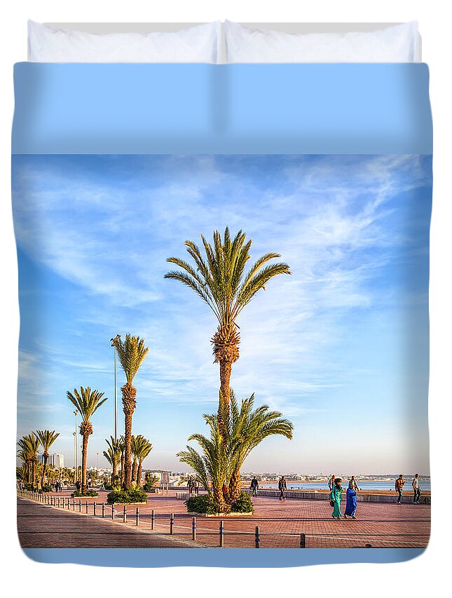 Africa Duvet Cover featuring the photograph Beach promenade of the african harbor city Agadir in Morocco by Gina Koch