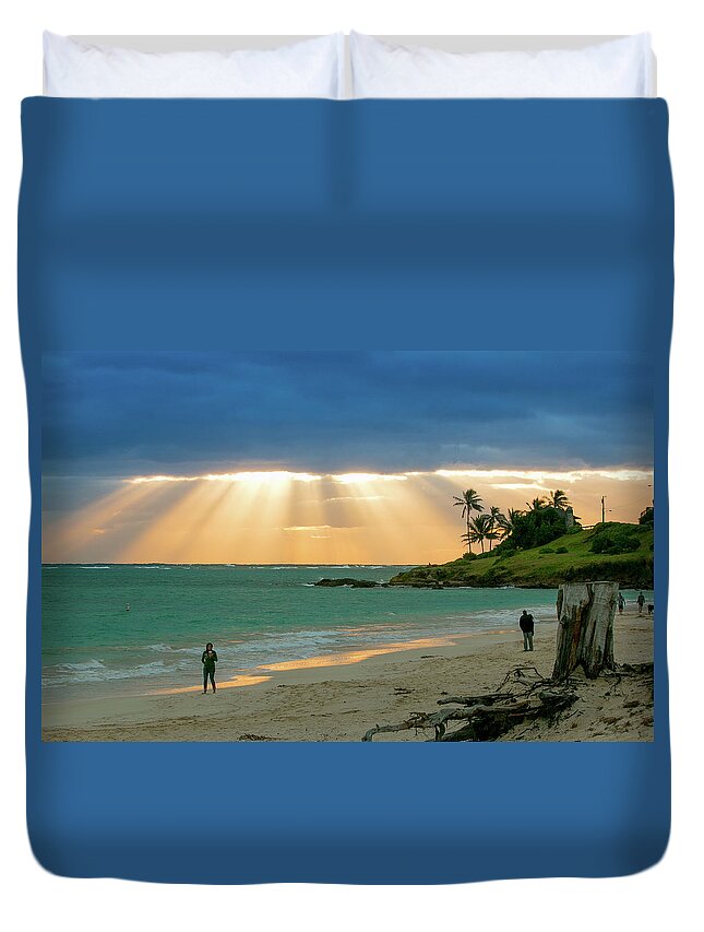 Clouds Duvet Cover featuring the photograph Beach Walk at Sunrise by E Faithe Lester