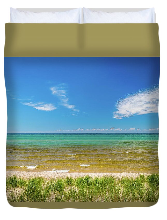 Blue Skies Duvet Cover featuring the photograph Beach With Blue Skies and cloud by Lester Plank
