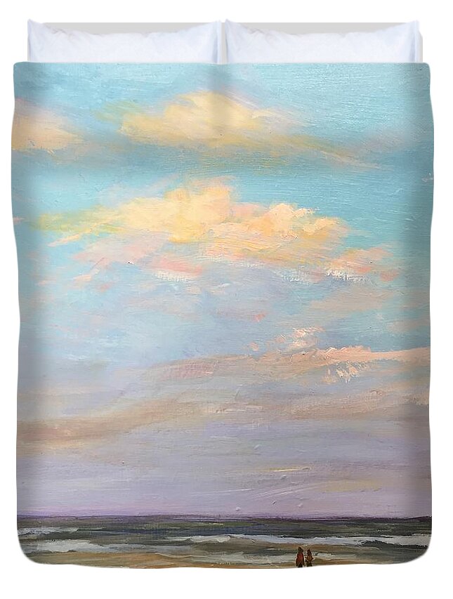 Beach Scenes Duvet Cover featuring the painting Beachcomber -5PM-2 by Gretchen Ten Eyck Hunt
