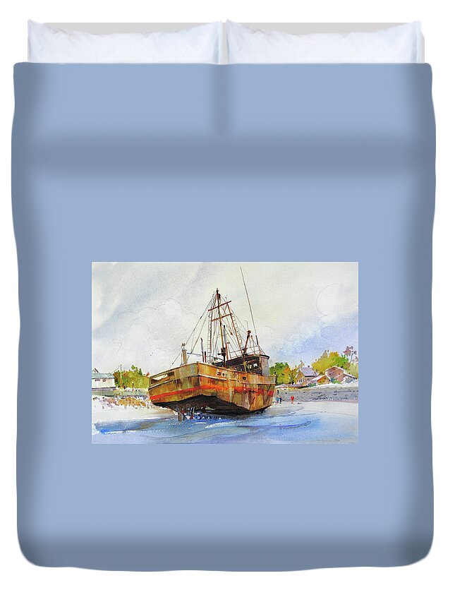 Old Rusted Boat Duvet Cover featuring the painting Beached by P Anthony Visco