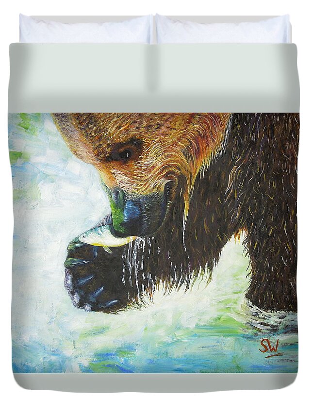 Painting Duvet Cover featuring the painting Bear Fishing by Shirley Wellstead