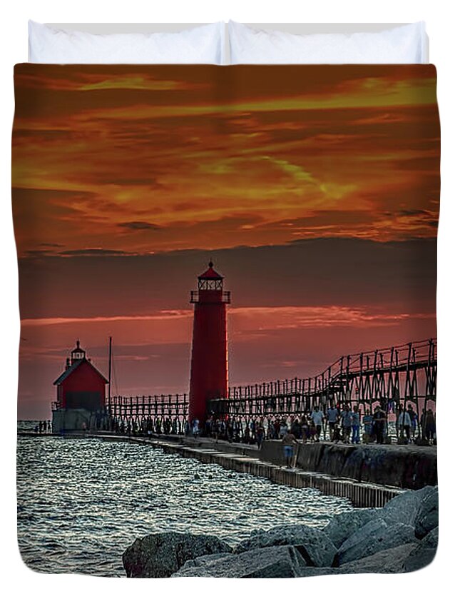 Grand Haven Pier Duvet Cover featuring the photograph Sunset at Grand Haven Pier by Pat Cook