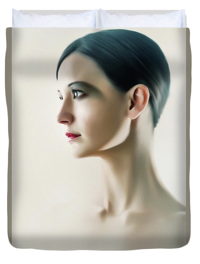 Fashion Duvet Cover featuring the photograph Beautiful Model HighKey Fashion Studio Portrait by Dimitar Hristov