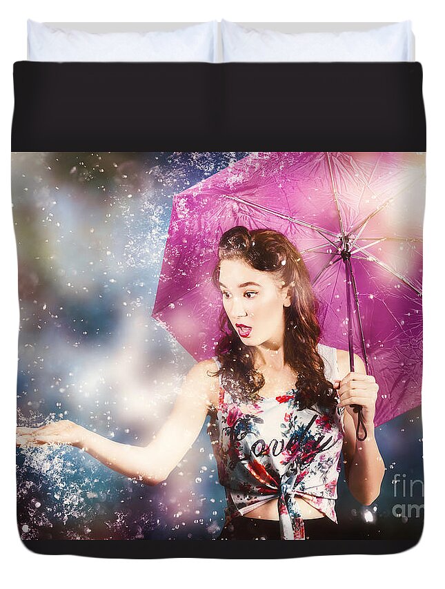 Rain Duvet Cover featuring the photograph Beautiful pin up woman catching rain water by Jorgo Photography