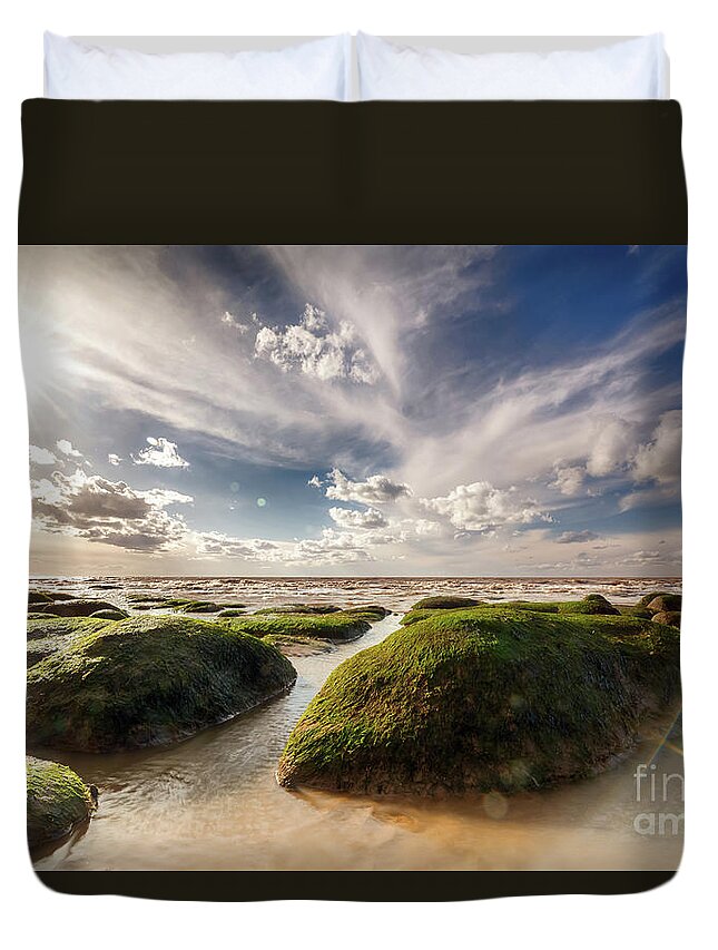 Sand Duvet Cover featuring the photograph Beautiful seaweed rock outcrops on Norfolk coast by Simon Bratt