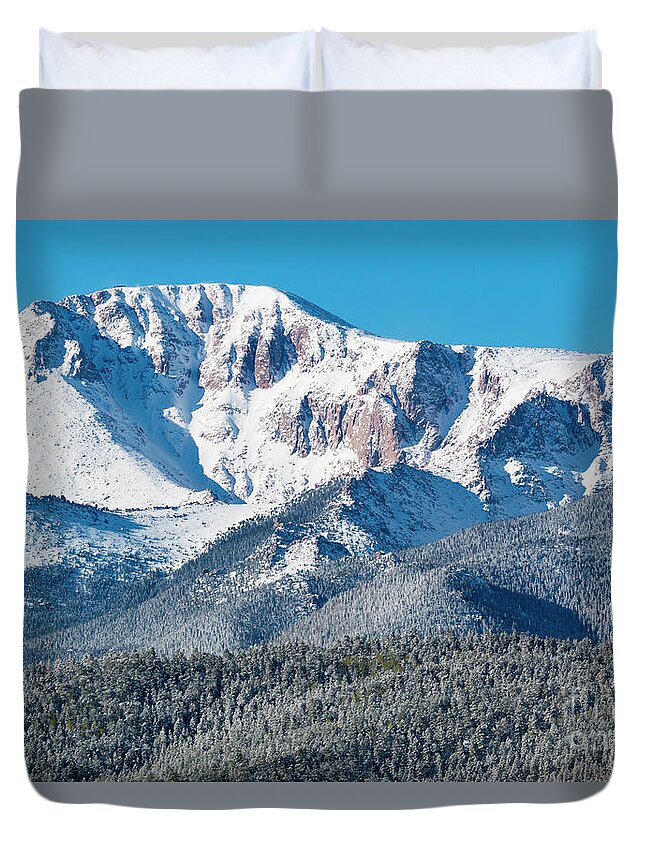 Pikes Peak Duvet Cover featuring the photograph Beautiful Spring Snow on Pikes Peak Colorado by Steven Krull