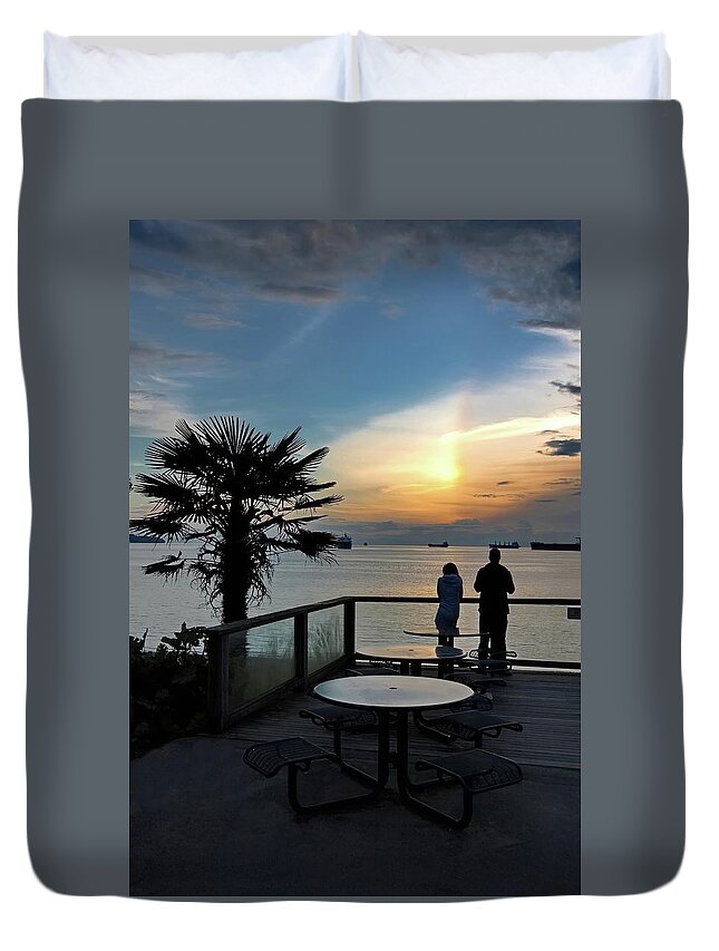 Alex Lyubar Duvet Cover featuring the photograph Beautiful sunset on the waterfront. by Alex Lyubar