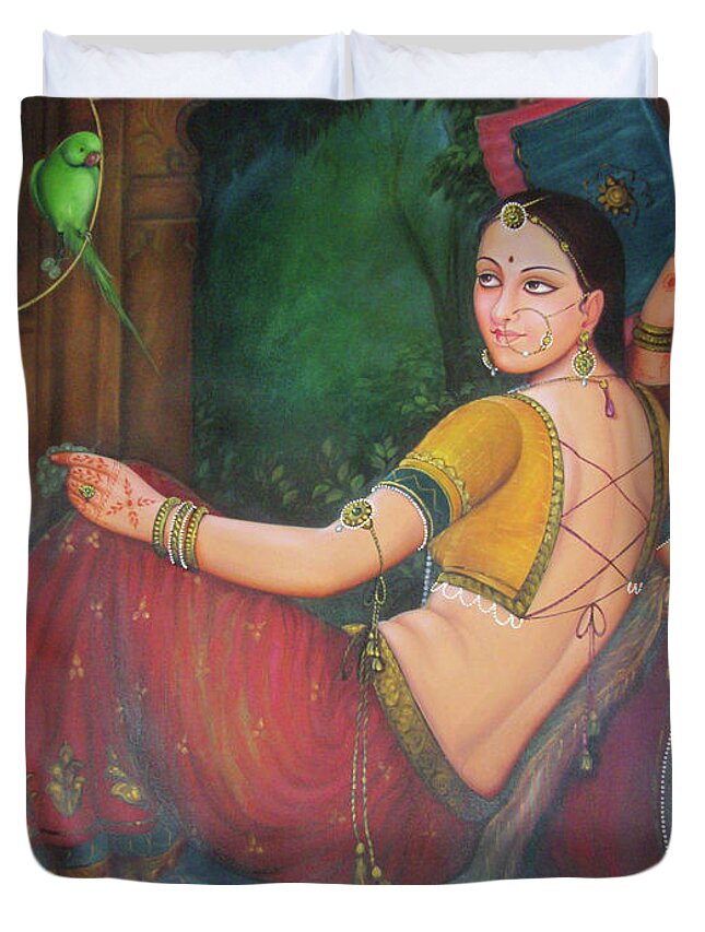Beautiful Woman Princess Artistic Designer Art Parrot Oil Painting On Canvas Hot Indian Lady Duvet Cover featuring the painting Beautiful Woman Princess Artistic Designer Art Parrot Oil Painting On Canvas by M B Sharma