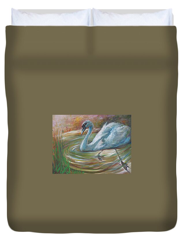Swan Duvet Cover featuring the painting Beauty in The Battle by Sukalya Chearanantana