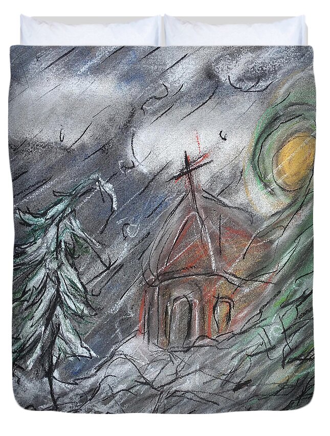 Original Art Pastel Chalk Drawing Winter Storm Snow Church Wind Duvet Cover featuring the pastel Beauty of Winter by Katt Yanda