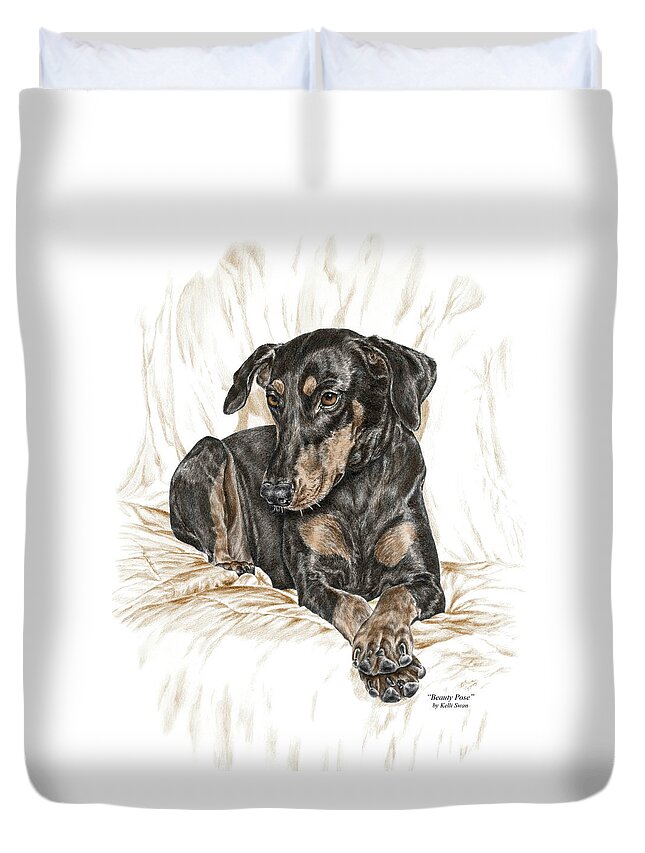 Doberman Duvet Cover featuring the drawing Beauty Pose - Doberman Pinscher Dog with Natural Ears by Kelli Swan
