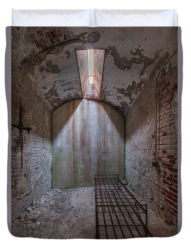 Eastern State Penitentiary Duvet Cover featuring the photograph Bed And Shadows by Tom Singleton
