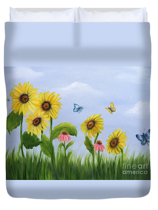 Garden Duvet Cover featuring the painting Bee Friends by Carol Sweetwood