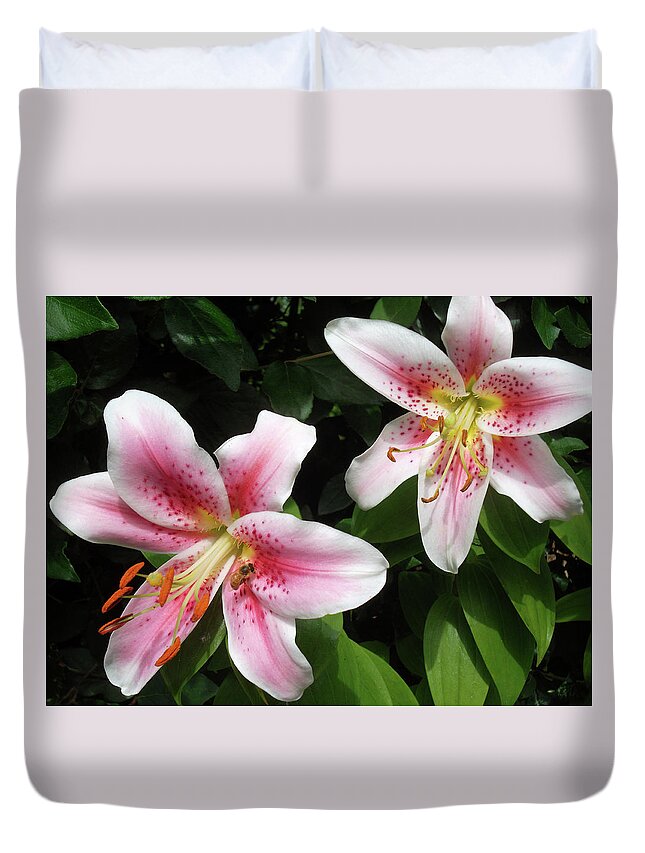 Honey Bee Duvet Cover featuring the photograph Bee in the Lilies by Susan Esbensen