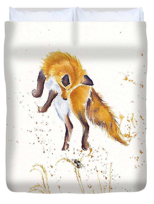 Fox Duvet Cover featuring the painting Bee Jumping - Leaping Fox by Debra Hall