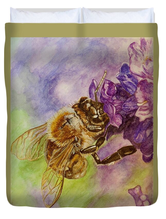 Bee Duvet Cover featuring the painting Bee Nipping at the Pollen by Jodi Higgins