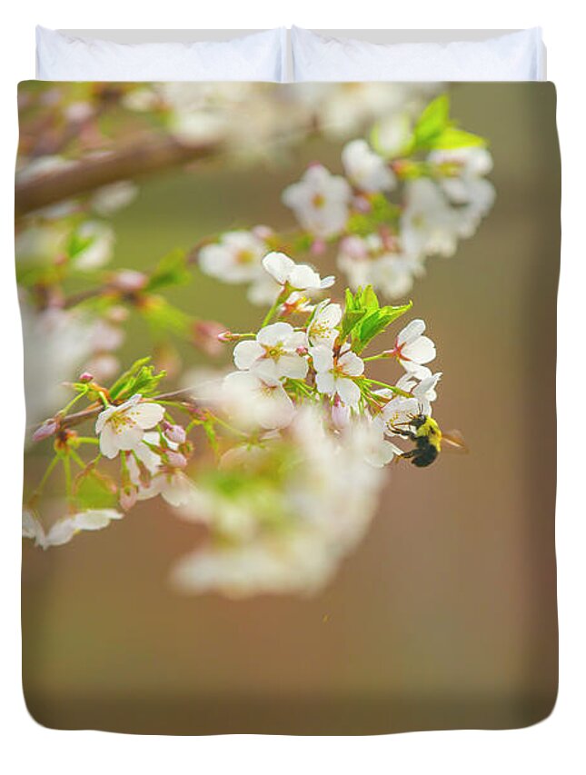 Bee Duvet Cover featuring the photograph Bee on a Cherry Blossom by Diane Diederich