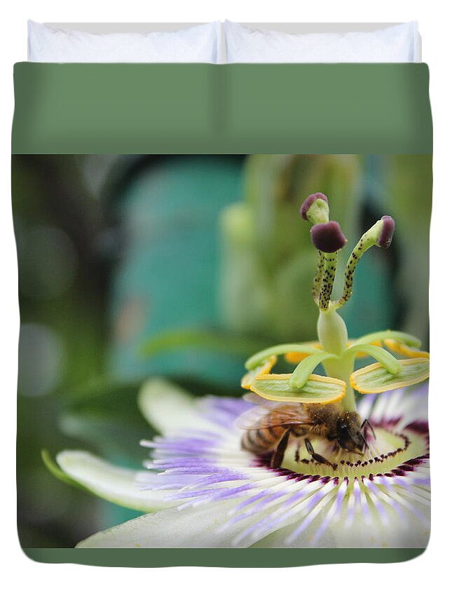 Flowers Duvet Cover featuring the photograph Bee On A Plant by Lena Kupper