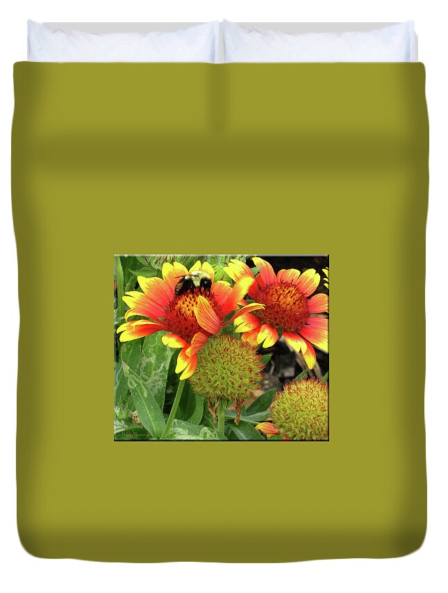 Floral Duvet Cover featuring the photograph Bee on colorful flowers by Mikki Cucuzzo