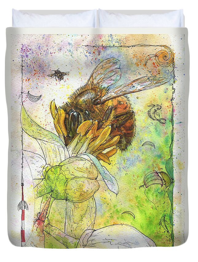 Bees Duvet Cover featuring the painting Bee on Mexican Lime blossom. by Petra Rau