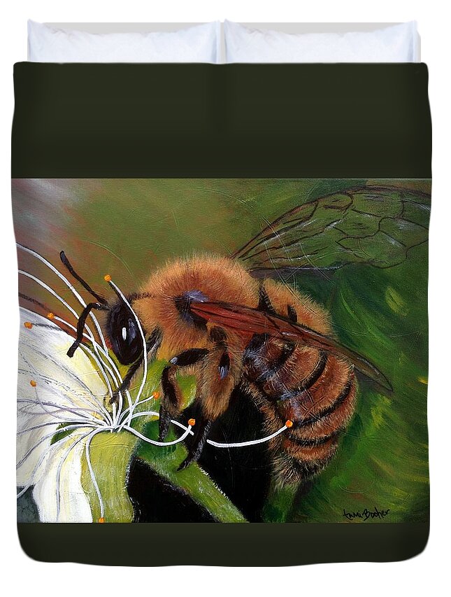 Bees Duvet Cover featuring the painting She works hard for the Honey by Tami Booher