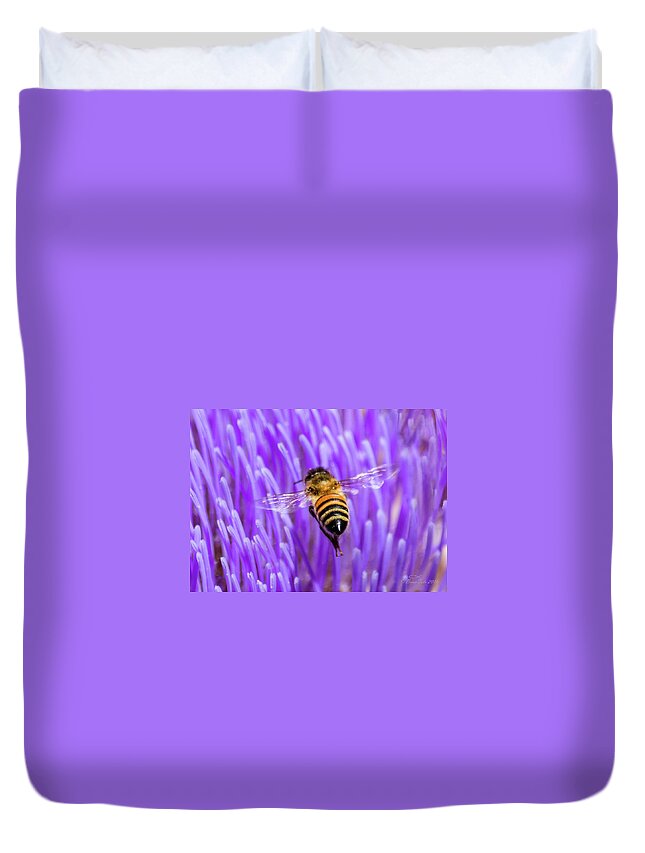 Bee Duvet Cover featuring the photograph Bee with Artichoke Bloom by Brian Tada