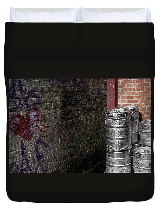 Beerkegs Duvet Cover featuring the photograph Beer Keggs and Graffiti by DArcy Evans