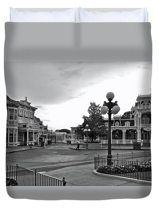 Black And White Duvet Cover featuring the photograph Before The Gates Open Black and White Magic Kingdom Walt Disney World MP by Thomas Woolworth
