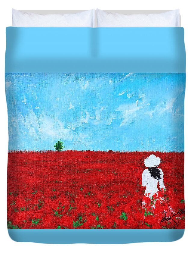 Being A Woman Duvet Cover featuring the painting Being a Woman - #4 In a field of poppies by Kume Bryant