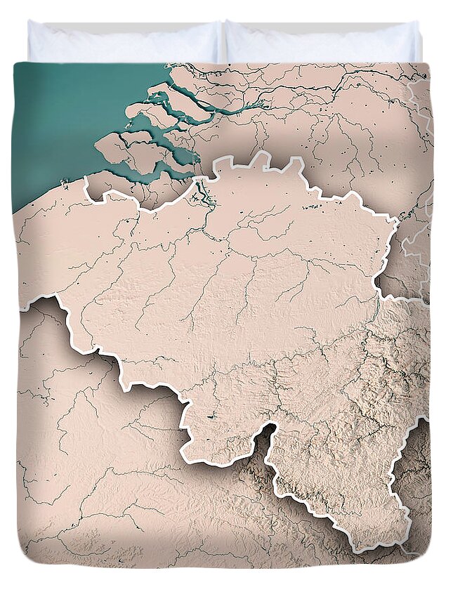 Belgium Duvet Cover featuring the digital art Belgium Country 3D Render Topographic Map Neutral Border by Frank Ramspott