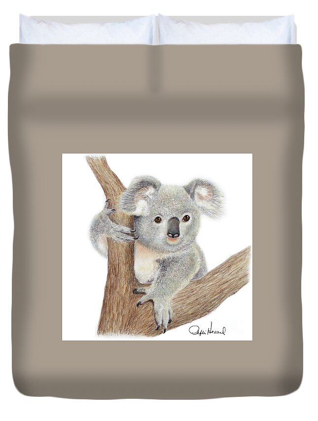 Koala Duvet Cover featuring the drawing Believing by Phyllis Howard