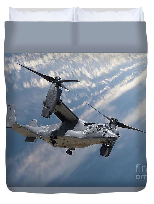 Osprey Duvet Cover featuring the photograph Bell Boeing Osprey V-22 helicopter close up view flying by Simon Bratt