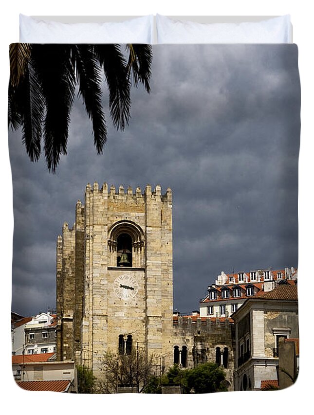 Lisbon Duvet Cover featuring the photograph Bell Tower Against Roiling Sky by Lorraine Devon Wilke