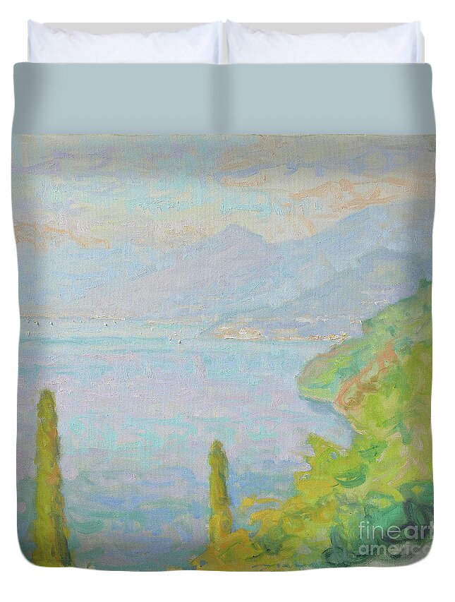 Bellagio Duvet Cover featuring the painting Bellagio Blushing in an Afternoon Sky by Jerry Fresia