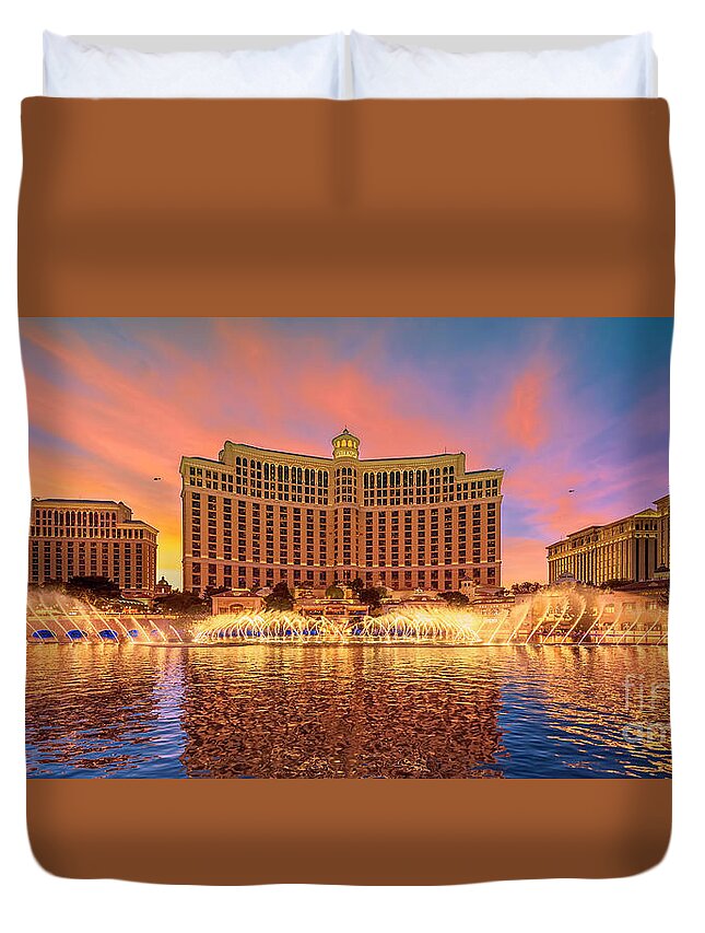 Bellagio Duvet Cover featuring the photograph Bellagio Fountains Warm Sunset 2 to 1 Ratio by Aloha Art