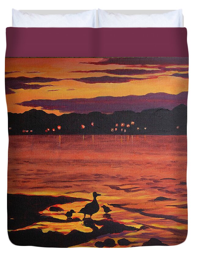 Art Duvet Cover featuring the painting Bellaire Ducks by Heidi E Nelson