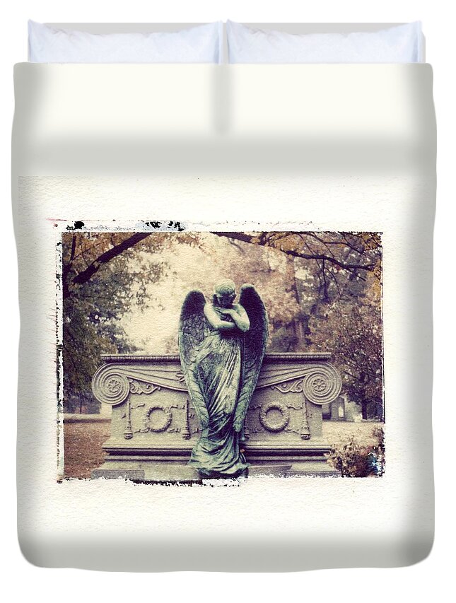 Bellefontain Angel Duvet Cover featuring the photograph Bellefontaine Angel Polaroid transfer by Jane Linders