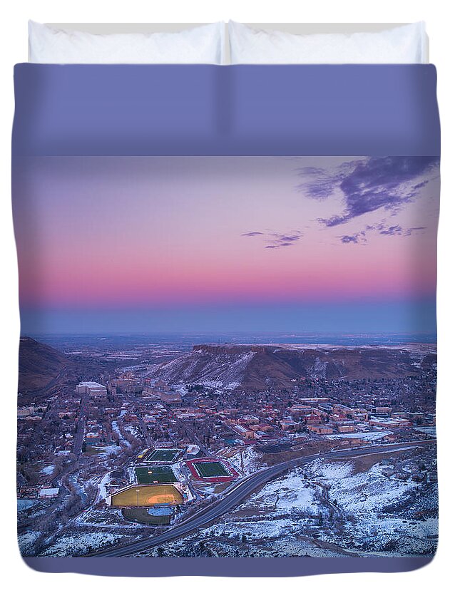 Sky Duvet Cover featuring the photograph Belt of Venus over Golden Colorado by Darren White