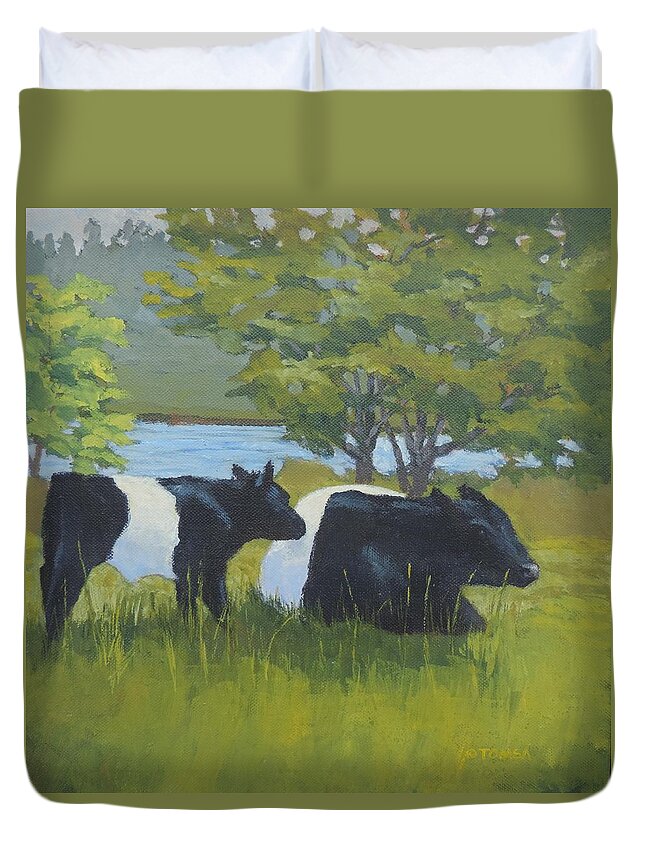 Belted Galloway Duvet Cover featuring the painting Belted Galloway and Calf by Bill Tomsa