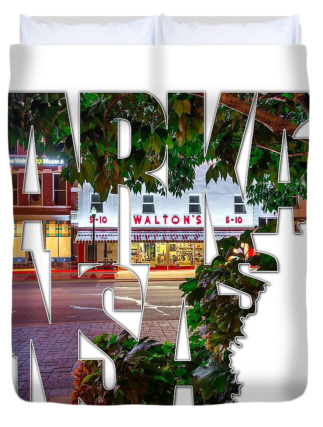 Typography Duvet Cover featuring the photograph Bentonville Arkansas - State Shape Series - Typography - A Night on the Bentonville Square by Gregory Ballos
