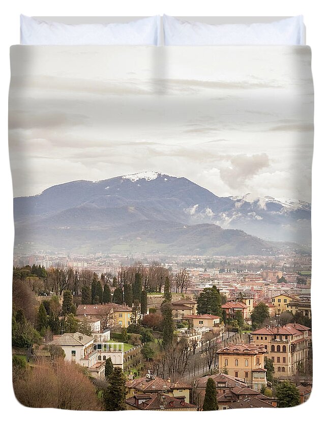 Bergamo Duvet Cover featuring the photograph Bergamo and the Mountains by Pavel Melnikov