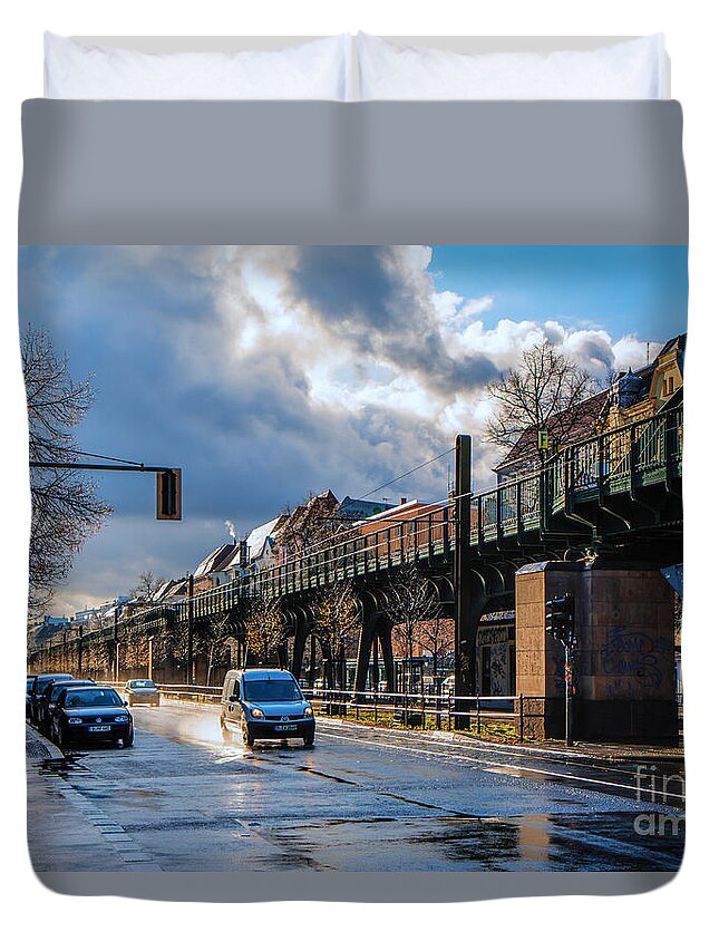 Street Photography Duvet Cover featuring the photograph Berlin street after rain by Jivko Nakev