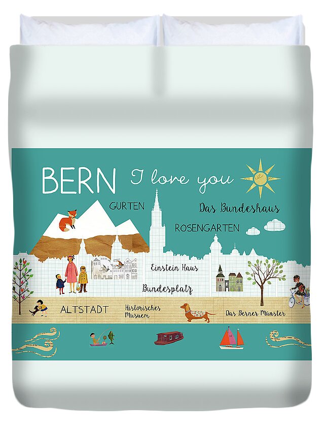 Bern I Love You Duvet Cover featuring the mixed media Bern I love you by Claudia Schoen