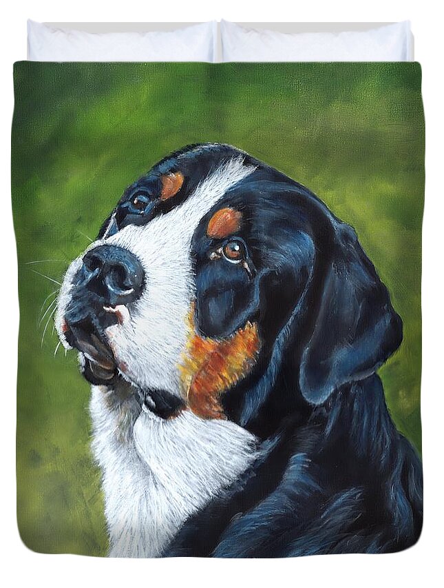 Bernese Mountain Dog Duvet Cover featuring the painting Bernie by John Neeve