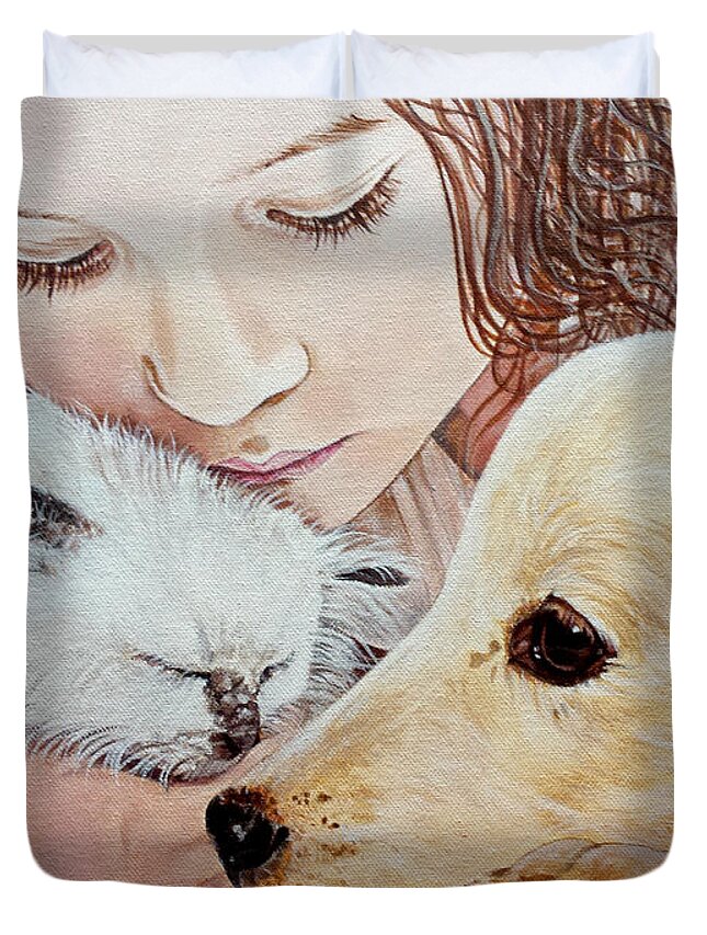Pets Duvet Cover featuring the painting Best Friends by Daniel Carvalho