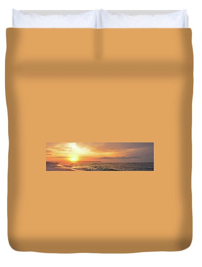 17 March 2013 Duvet Cover featuring the photograph Best Sunrise Colors over Navarre Pier Panoramic by Jeff at JSJ Photography